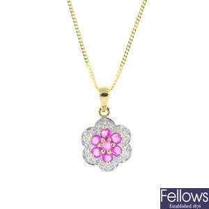 A 9ct gold ruby and diamond cluster pendant, with 9ct gold chain.