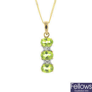 A 9ct gold diamond and peridot pendant, and 9ct gold chain.