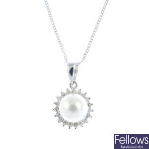 A 9ct gold diamond and cultured pearl cluster pendant, with chain.