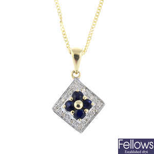 A 9ct gold sapphire and diamond pendant, with chain.