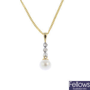 A cultured pearl and diamond pendant, with 9ct gold chain and a pair of earrings.
