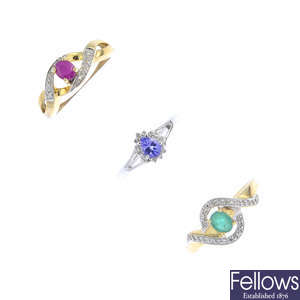 Seven 9ct gold diamond and gem-set rings.