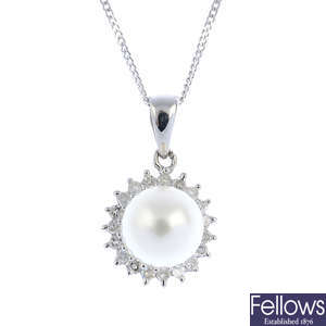 A 9ct gold cultured pearl and diamond cluster pendant.