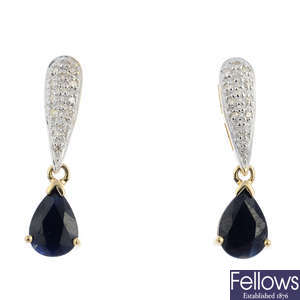 A pair of 9ct gold diamond and sapphire earrings.