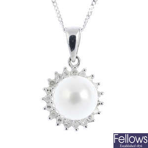 A 9ct gold cultured pearl and diamond pendant, with chain.
