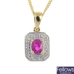 A 9ct gold diamond ruby cluster pendant, and 9ct gold chain.