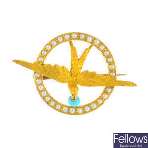 An Edwardian 15ct gold, split pearl and turquoise swallow brooch.