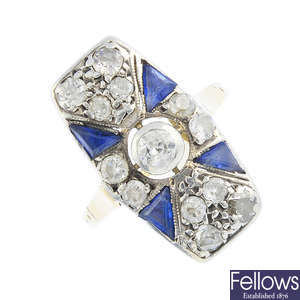 An early 20th century gold sapphire and diamond ring.