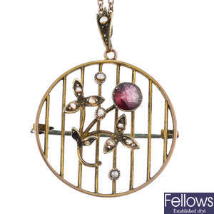 An early 20th century 9ct gold garnet and split pearl pendant, with chain.