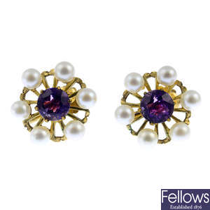 A pair of 9ct gold amethyst and cultured pearl earrings.