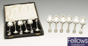 A cased set of six Finnish silver teaspoons & a loose set of six French silver grapefruit spoons.