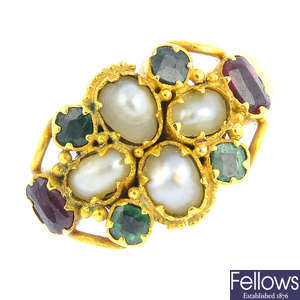 A mid Victorian 15ct gold, split pearl and garnet-topped-doublet ring.