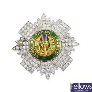 A mid 20th century Scots Guard diamond, gem and enamel regimental brooch.
