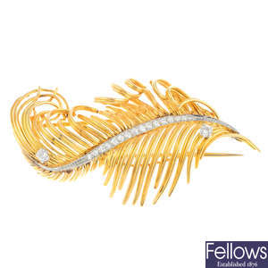 A mid 20th century gold diamond feather brooch.