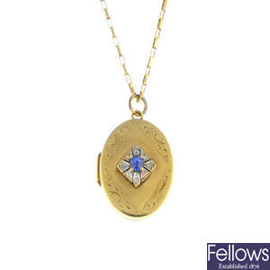 A sapphire and diamond locket and 9ct gold chain.