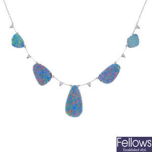 An 18ct gold opal doublet and diamond necklace.