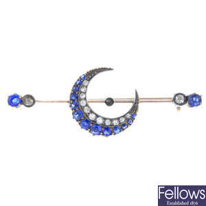A late Victorian gold sapphire and diamond crescent bar brooch.