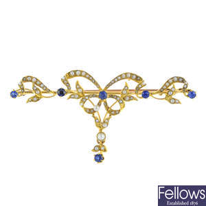 An early 20th century 15ct gold sapphire and seed pearl brooch.