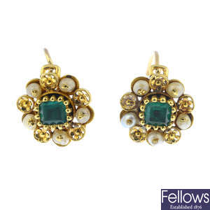 A pair of emerald and seed pearl earrings.