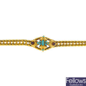 An early Victorian 18ct gold turquoise and garnet bracelet.