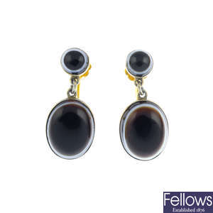 A pair of late Victorian banded agate earrings.