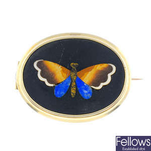 A late Victorian gold pietra dura butterfly brooch.