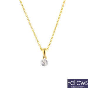 An 18ct gold diamond cluster pendant, with 18ct gold chain.