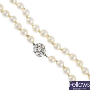 A cultured pearl single-strand necklace, with late Victorian 14ct gold diamond clasp.