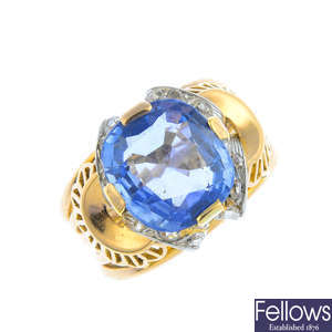 A 1940s gold Sri Lankan sapphire and diamond ring.