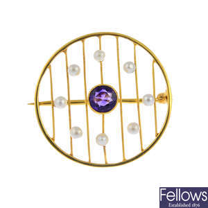 A mid 20th century 15ct gold amethyst and split pearl brooch.