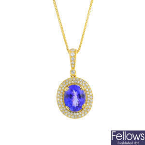 A tanzanite and diamond cluster pendant, with chain.