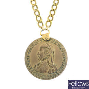 A French coin pendant, with chain.