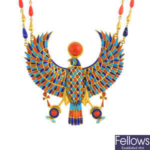 An Egyptian Revival coral, turquoise and lapis lazuli Horus necklace.