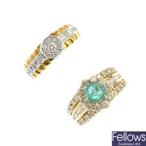 Two emerald and diamond cluster rings.