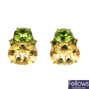 KIKI MCDONOUGH - a pair of citrine, peridot and green gem earrings.