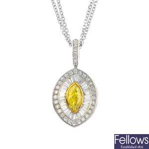 An 18ct gold 'yellow' diamond and diamond cluster pendant, with chain.