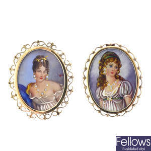 Two 9ct gold diamond portrait brooches.