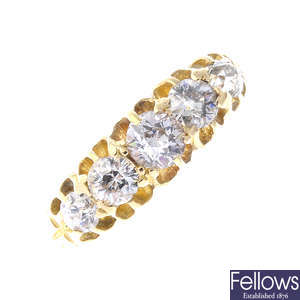 A late Victorian gold diamond five-stone ring.