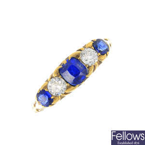 An early 20th century 15ct gold sapphire and diamond ring.