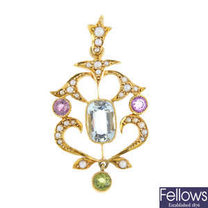 An early 20th century 15ct gold multi gem-set pendant.