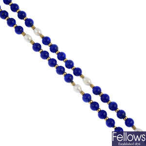 A lapis lazuli and cultured pearl single-strand necklace.