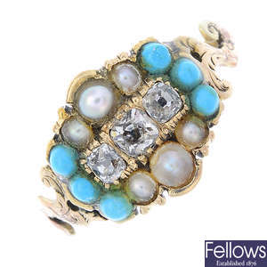 A mid Victorian gold diamond, turquoise and split pearl ring.