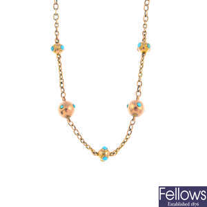 An early 20th century 9ct gold turquoise necklace.