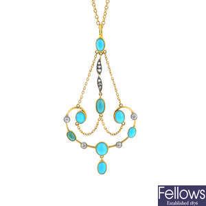 An Edwardian 12ct gold turquoise and diamond pendant, with 9ct gold chain.