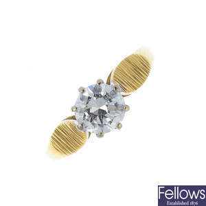 A 1970s 18ct gold diamond single-stone ring.