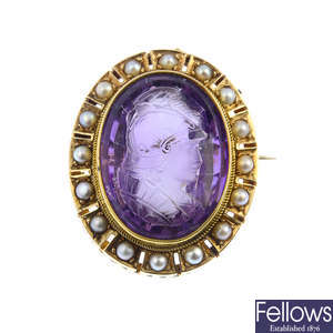A mid Victorian gold amethyst cameo and split pearl brooch.