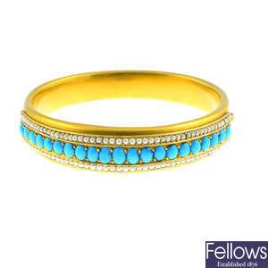 A mid Victorian 18ct gold turquoise and split pearl bangle.
