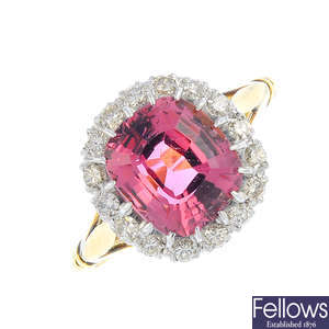 An early 20th century platinum and 18ct gold tourmaline and diamond cluster ring.