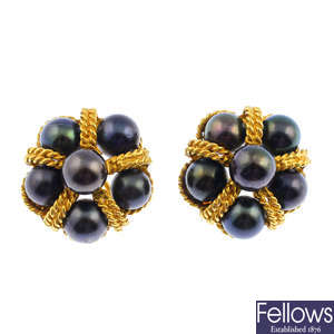 ASPREY - a pair of 1970s 18ct gold cultured pearl earrings.