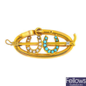 An early 20th century 15ct gold turquoise and split pearl horse riding brooch.